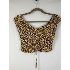 Japna Floral Ruched Crop Top Womens Small Brown Yellow Smocked Back Cap Sleeve